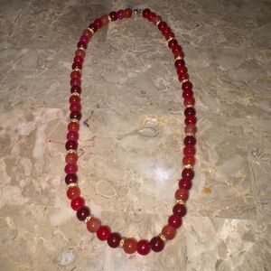 NWOT Red Trendy Necklace With Glass Beads & Gold  Rhinestones Spacers